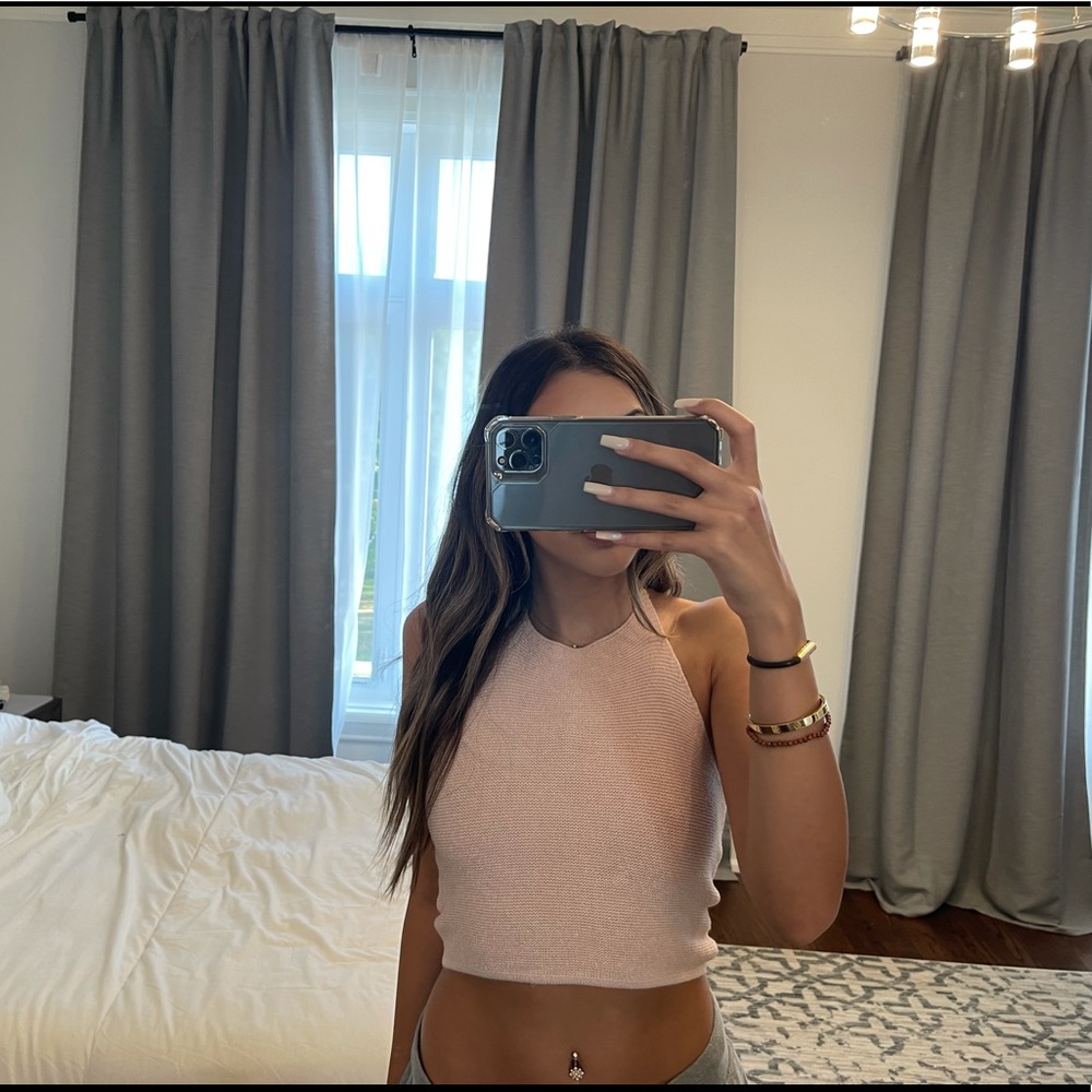 Knit halter/ open back pink crop top
